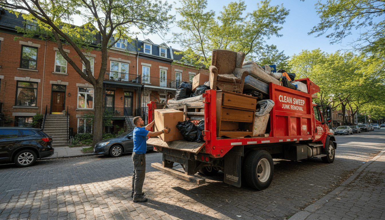 Junk removal truck loaded with furniture and items in Montreal