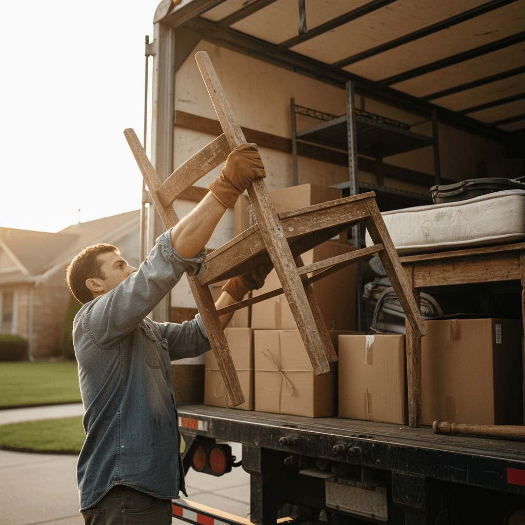 Junk removal worker loading furniture into truck for same-day pickup in Montreal