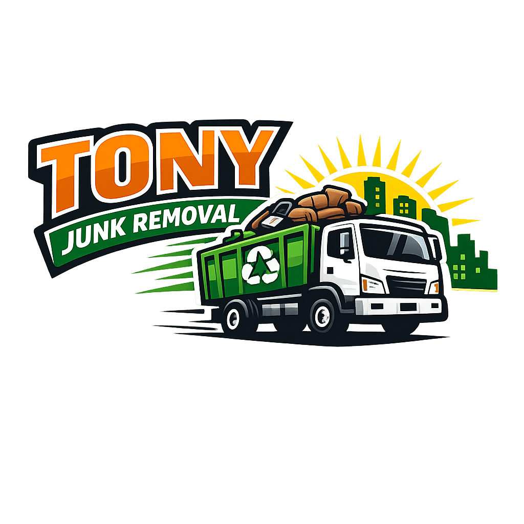 Tony Junk Removal logo featuring a green recycling truck, city skyline, and a yellow sun.